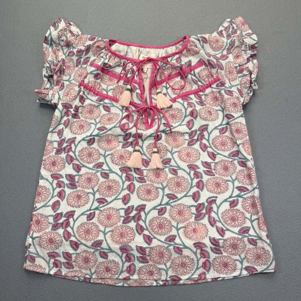 Victoria Dunn Sami Blouse Geranium Pink Floral Block Print Tie Neck Top S NEW
